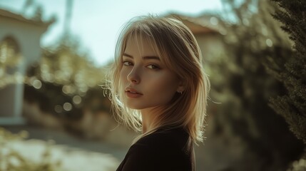 Naklejka premium Young woman with long hair gazes thoughtfully outdoors in a serene setting during golden hour