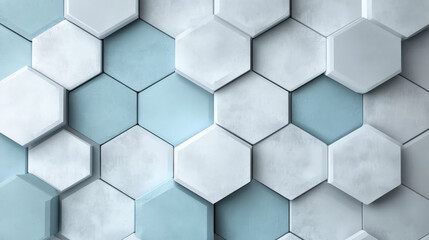 Fototapeta premium Minimalist hexagonal grid in soft pastel blue and light gray, symbolizing efficient data flow and seamless network connections in a clean, modern style.