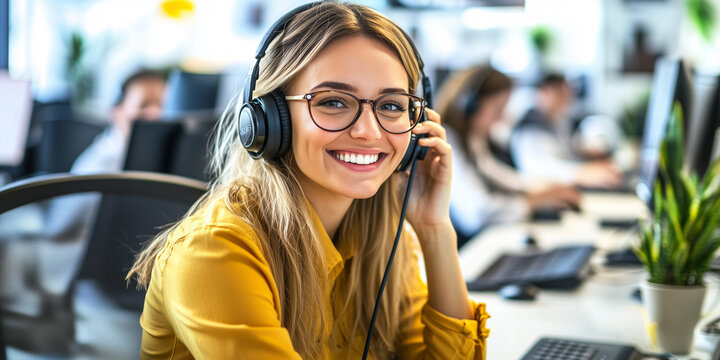 Servicefachkraft im Dialogmarketing telefoniert in modernem Callcenter