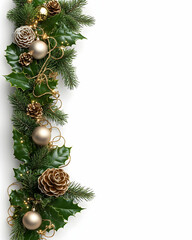 Elegant Christmas Garland with Ornaments and Pinecones on White Background