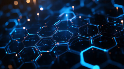 Networking-themed background with a metallic hexagon pattern, softly glowing in neon blue and white against a dark backdrop, representing digital communication.