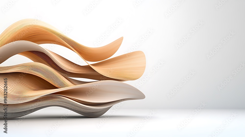 Poster an abstract design featuring wavy layers in warm wood tones against a minimalist white background, c