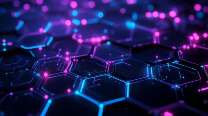 Futuristic hexagon grid in shades of dark purple and blue, with glowing connections representing the complexity and flow of a digital network system.