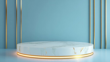Luxurious round podium with marble and gold accents, set against a gradient blue backdrop, featuring soft lighting for product showcases.