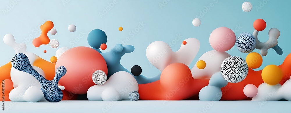 Poster abstract composition of colorful, organic shapes and forms against a soft blue background, creating 