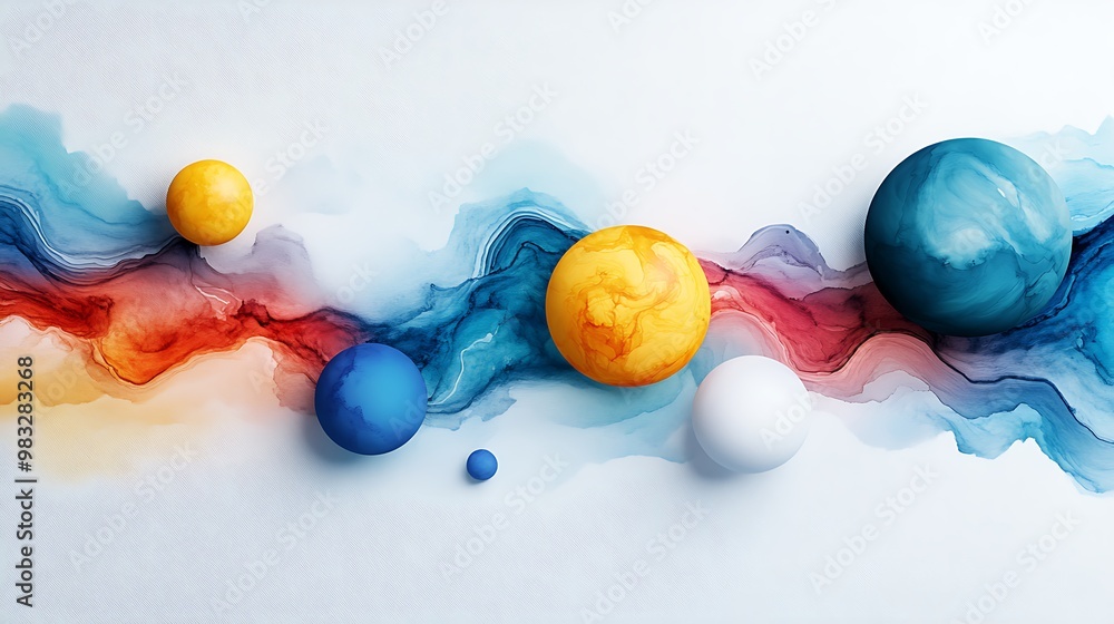 Poster a vibrant abstract depiction of planets and cosmic elements, blending colors to create a sense of mo