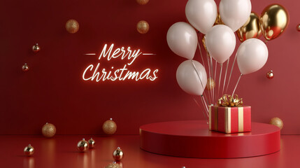 A glossy red podium with gold and white Christmas balloons, a small gift box wrapped in shimmering ribbon, and "Merry Christmas" in glowing text.