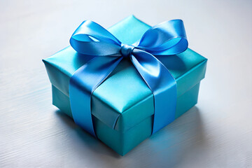 Obraz premium Bright blue gift box tied with satin ribbon on light background