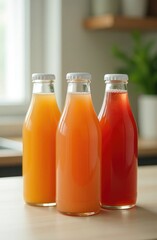 Vibrant fruit juices in glass bottles on sleek counter with natural lighting