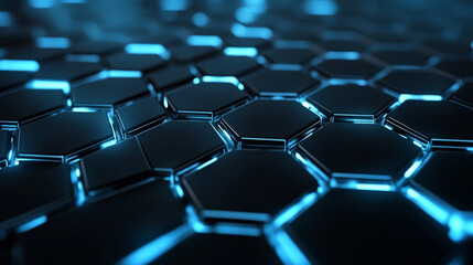 Naklejka premium Networking-themed background with a metallic hexagon pattern, softly glowing in neon blue and white against a dark backdrop, representing digital communication.