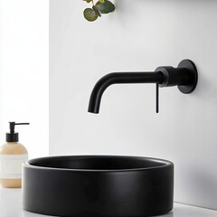 Matte black wall-mounted faucet with minimalist handles, minimalist bathroom fixtures, modern bold contrast