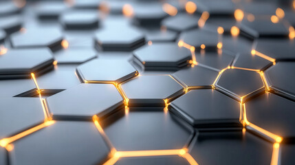 Obraz premium Networking backdrop featuring metallic hexagons in light gray with glowing gold lines, connected to represent a modern and seamless digital communication system.