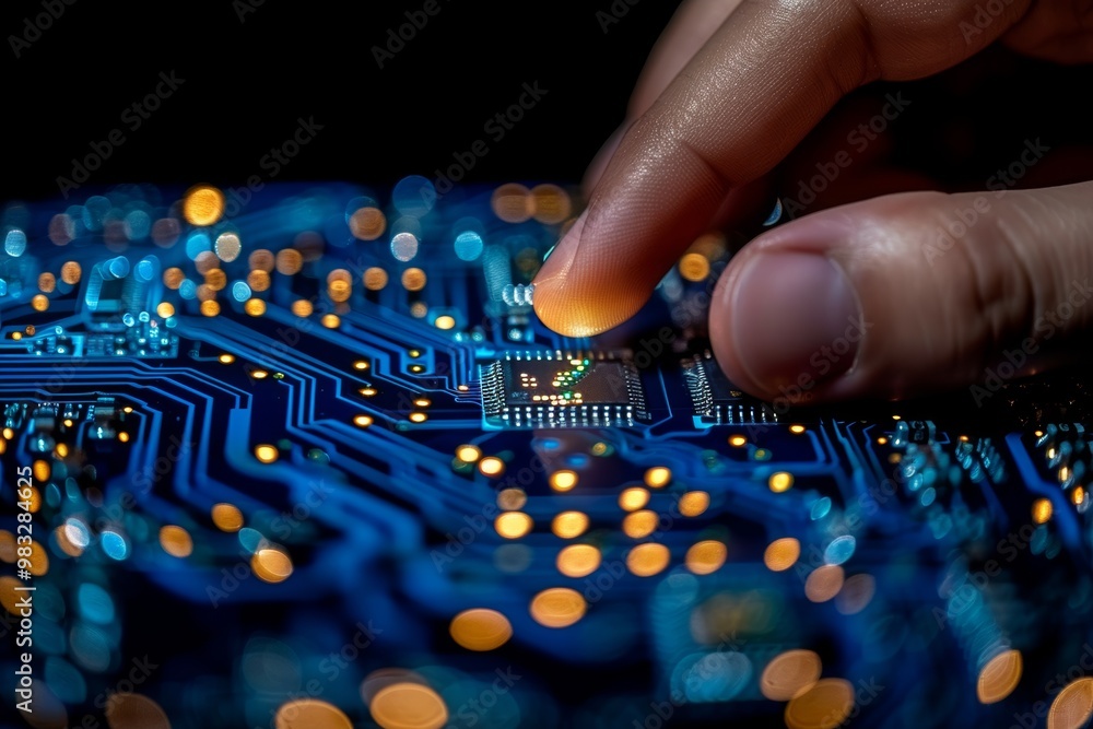 Poster a hand delicately touches a circuit board filled with intricate patterns and glowing lights, showcas