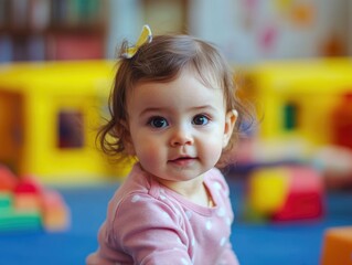 Fototapeta premium Cute Toddler in Toy Landscape