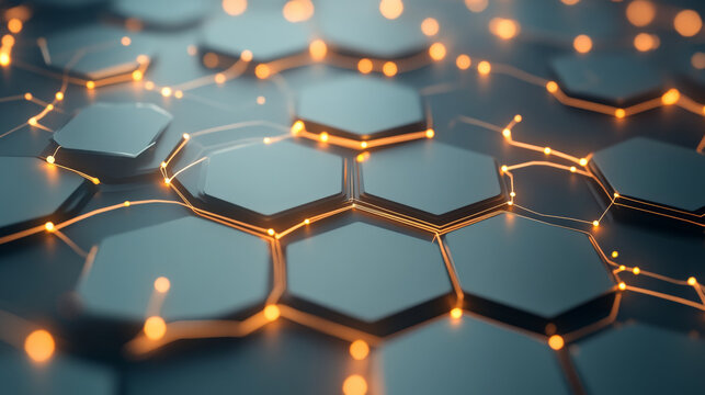 Networking backdrop featuring metallic hexagons in light gray with glowing gold lines, connected to represent a modern and seamless digital communication system.