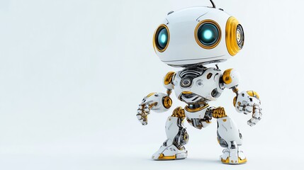 A small white and gold robot with big blue eyes stands on a white background.