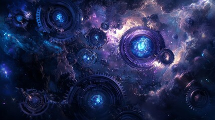 Obraz premium Cosmic Nebula with Celestial Gears and Vibrant Colors