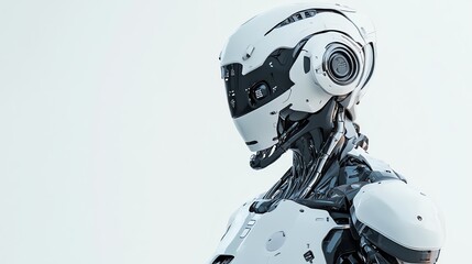 Futuristic robot with a white helmet and black body parts, against a white background.