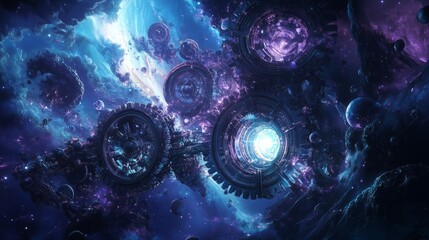 Futuristic Cosmic Machinery in a Vibrant Galaxy