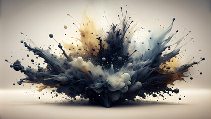 Explosive abstract paint splash with shades of brown, gray, and black on a light background