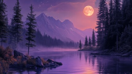Fototapeta premium Serene Mountain Lake Under a Full Purple Moon