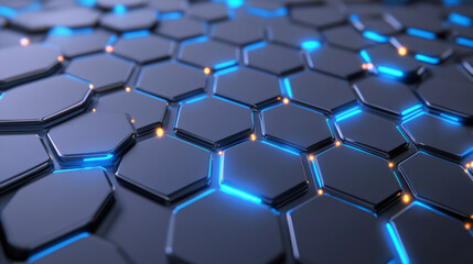 Obraz premium Networking-themed background featuring light gray hexagons connected by glowing blue lines, symbolizing efficient and seamless digital communication.