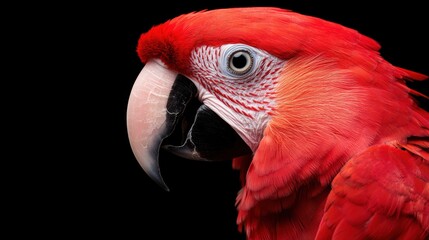 Fototapeta premium A close up of a red parrot with white beak and black background, AI
