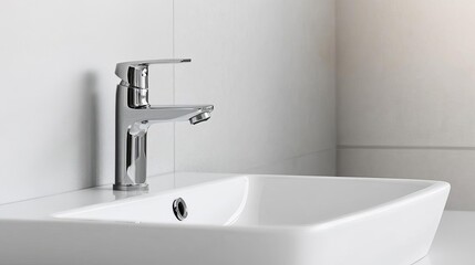 Simple white ceramic sink with chrome faucet and minimalist controls, minimalist bathroom fixtures, clean and contemporary