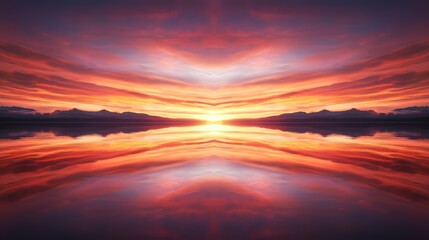 A breathtaking sunset reflected in tranquil waters, showcasing vibrant hues of orange, purple, and blue across the horizon.