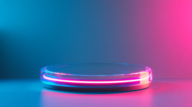 A futuristic 3D platform with a translucent pedestal and neon pink accents, set on a gradient blue background, perfect for modern product displays.