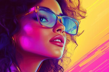 Close-up Portrait of a Woman with Colorful Glasses and Abstract Background