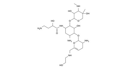 plazomicin molecule, structural chemical formula, ball-and-stick model, isolated image antibiotic