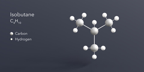 isobutane molecule 3d rendering, flat molecular structure with chemical formula and atoms color coding