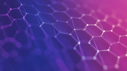 Soft gradient background transitioning from deep purple to blue, overlaid with a hexagon network grid in white, symbolizing seamless digital connectivity.