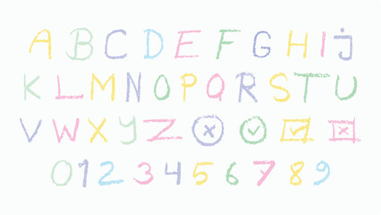 Hand-drawn colored crayons alphabet and numbers. Children drawing style color letters collection. Vector illustration