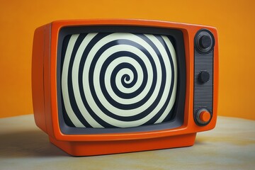A cartoonish orange TV displays hypnotic black and white spirals on the screen, symbolizing mind control and propaganda against a bright background