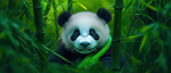 A cute panda resting in lush green bamboo, showcasing its playful nature and charming expression amidst the serene environment.
