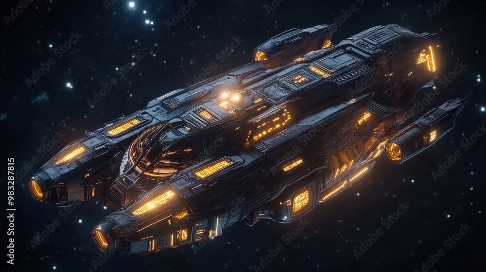 Poster futuristic spaceship with glowing lights in outer space.