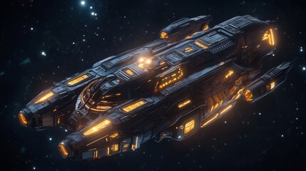 Naklejka premium Futuristic spaceship with glowing lights in outer space.