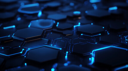 Fototapeta premium A tech-inspired background featuring dark hexagons with electric blue connections, symbolizing digital networks and communication channels in a sleek, modern style.
