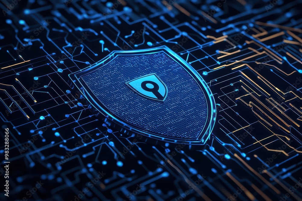 Poster a digital shield symbolizing cybersecurity protection against threats in a high-tech circuit backgro