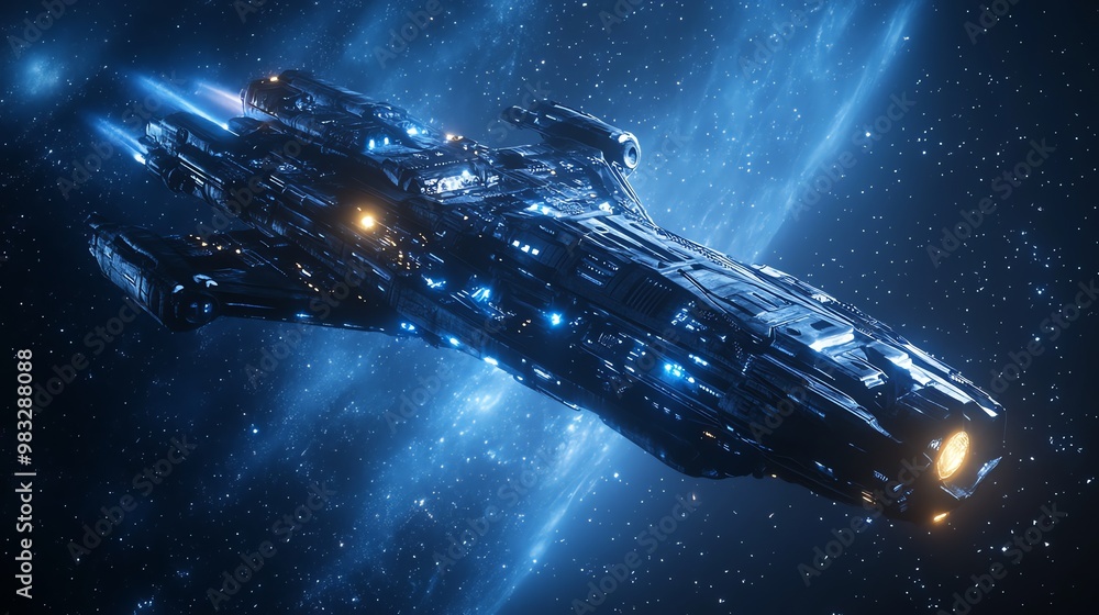 Poster a spaceship flying through space with bright lights and a nebula in the background.