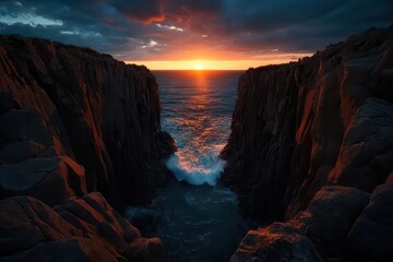 Fototapeta premium A dramatic sunset over a rocky coastline, illuminating the waves crashing in the chasm, creating a breathtaking seascape.