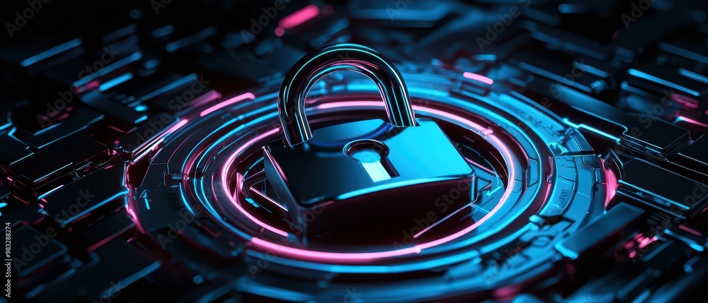 Poster a futuristic lock design featuring vibrant blue and pink circuit patterns, symbolizing digital secur