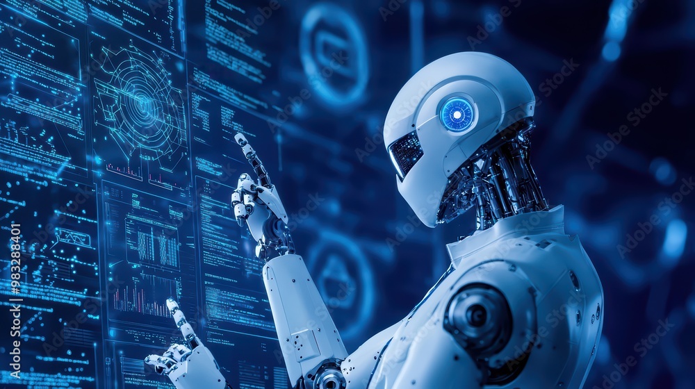 Poster a futuristic robot interacts with advanced digital interfaces, showcasing technology and artificial 