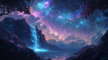 Fototapeta premium Mystical Waterfall Under Starry Night Sky