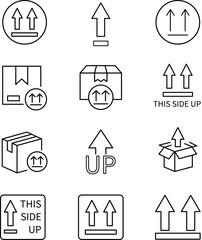 This side up thin line icon vector set. This side up or way up label on package, parcel, packet. Containing up arrow stamp or sticker, cardboard box instruction or warning sign and symbol for delivery