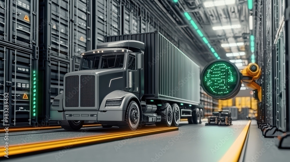 Poster a modern truck navigating through a high-tech warehouse, showcasing automated systems and efficient 