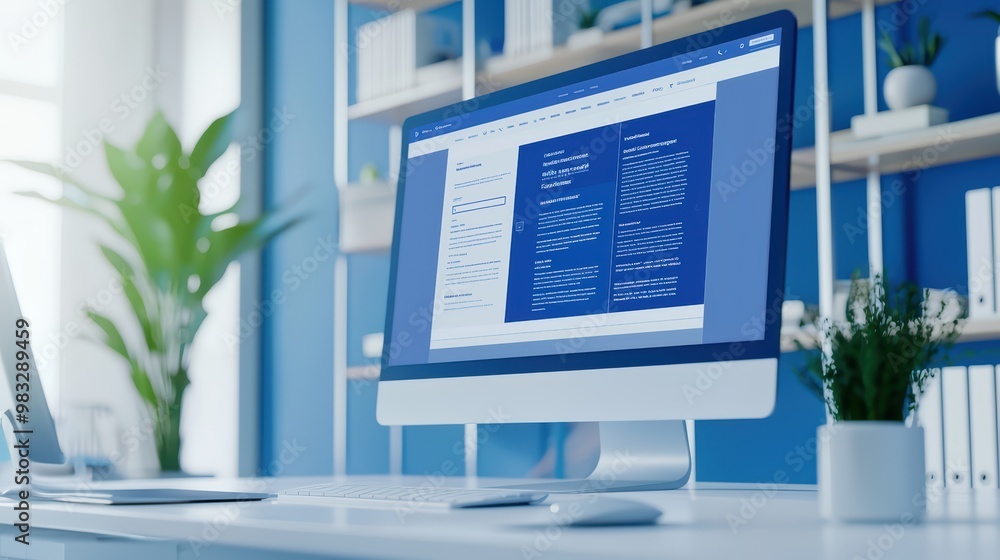 Poster a modern workspace featuring a sleek computer monitor displaying a document, surrounded by greenery 