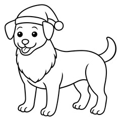 coloring page for kids, bold line art,  Christmas dog with in a Santa clue hat